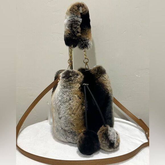 Handmade Real Rex Rabbit Fur Drawstring Bucket Bag Includes 3 Strap Styles